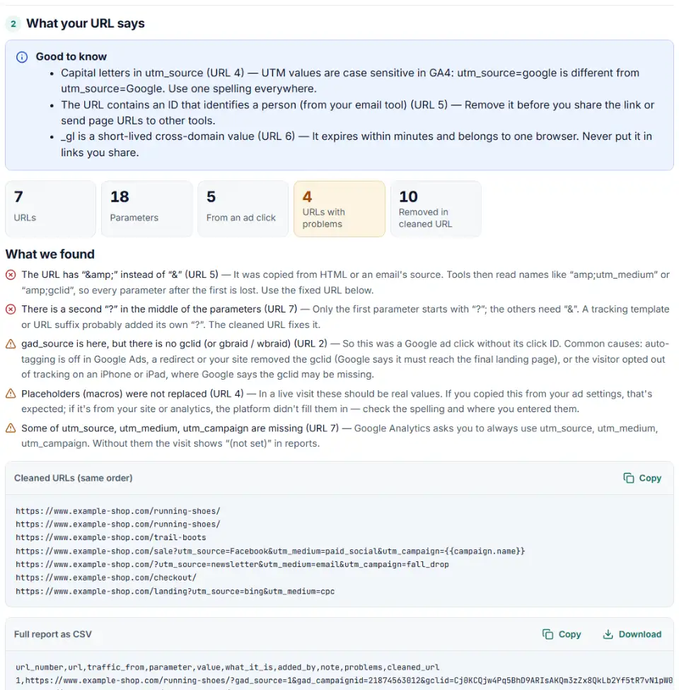 gad_source explained in an ad click URL explainer with each parameter's meaning and a cleaned URL