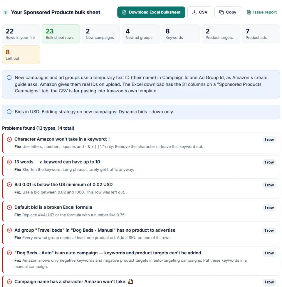 Bulk sheets builder for Amazon turning a keyword and SKU list into Sponsored Products campaign, ad group, product ad and keyword rows