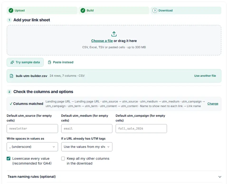 Bulk UTM builder with a link spreadsheet loaded and the URL and UTM columns matched