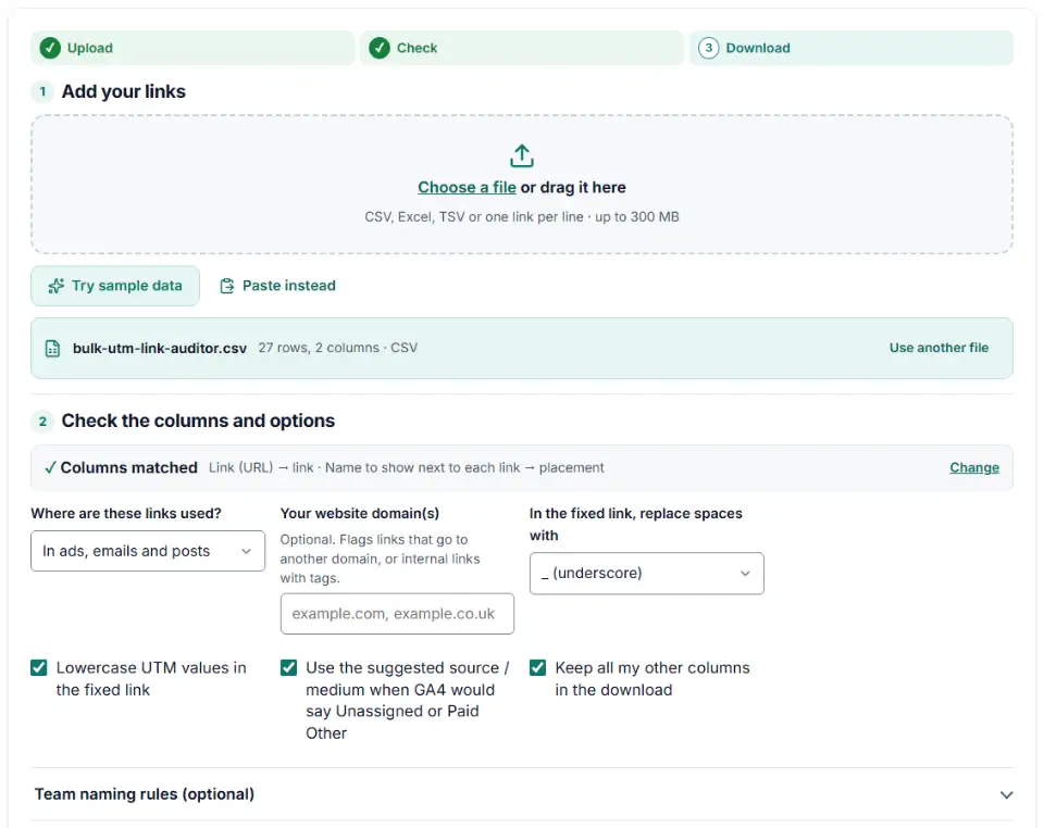 UTM link checker with a link sheet loaded and the link column matched