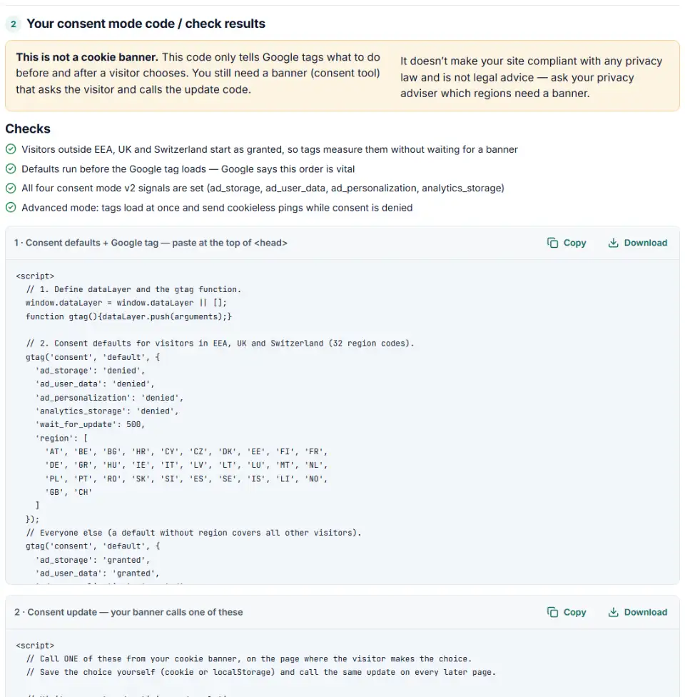 gtag consent mode v2 generator showing region defaults, the Google tag and passed order checks