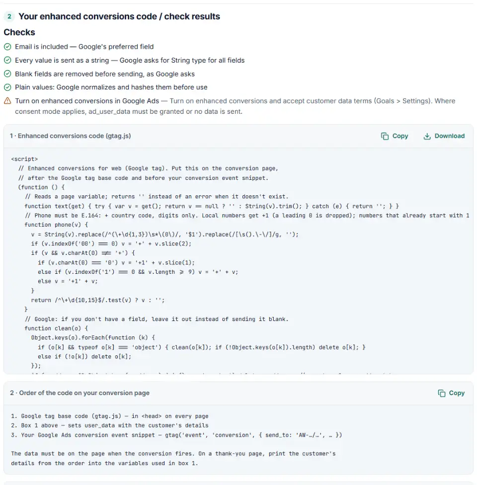 gtag enhanced conversions generator showing a user_data snippet with email, phone and address fields and passed checks