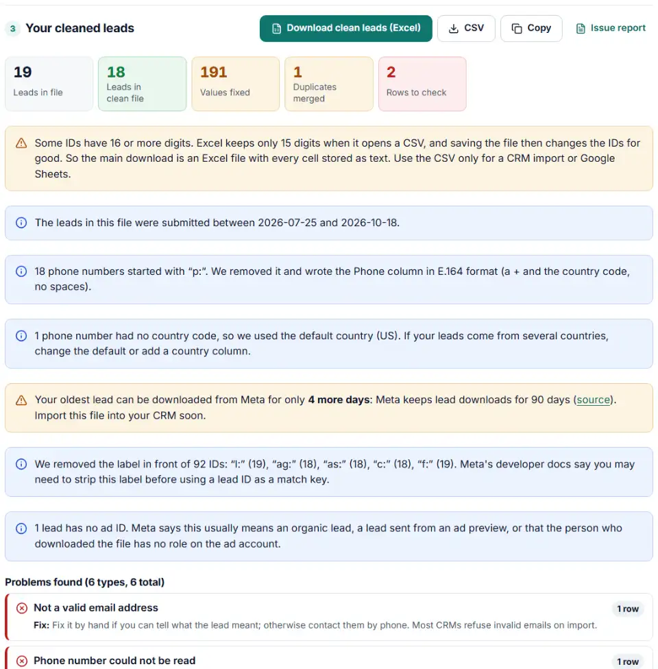 Facebook leads download cleaned for a CRM, with phone numbers in E.164, ID labels removed and duplicate leads taken out
