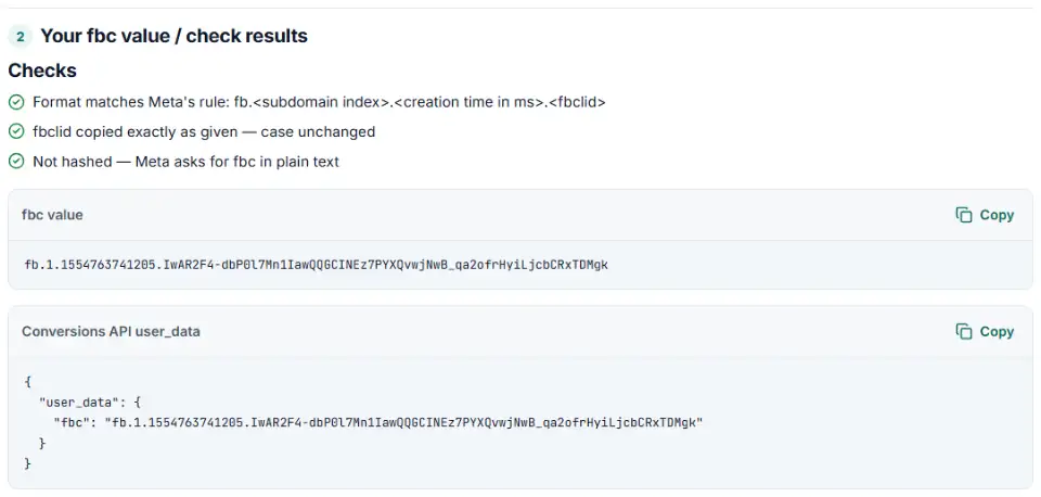fbc fbp builder showing a built fbc value, the user_data snippet and passed format checks