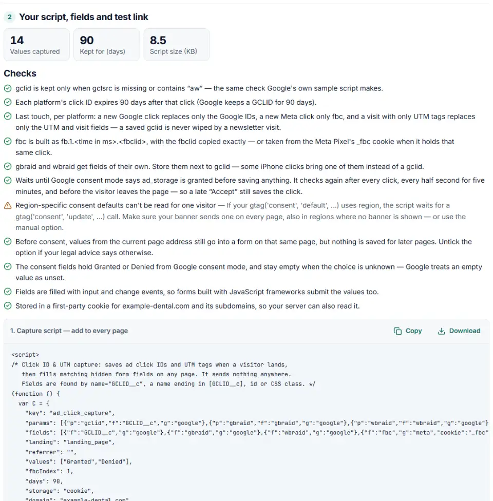 Capture gclid script generator showing the script, hidden fields and test link