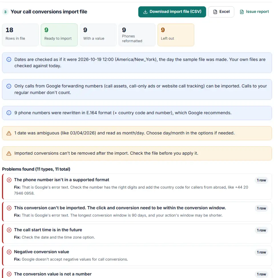 Call conversions import builder for Google Ads showing calls ready to import and rows left out