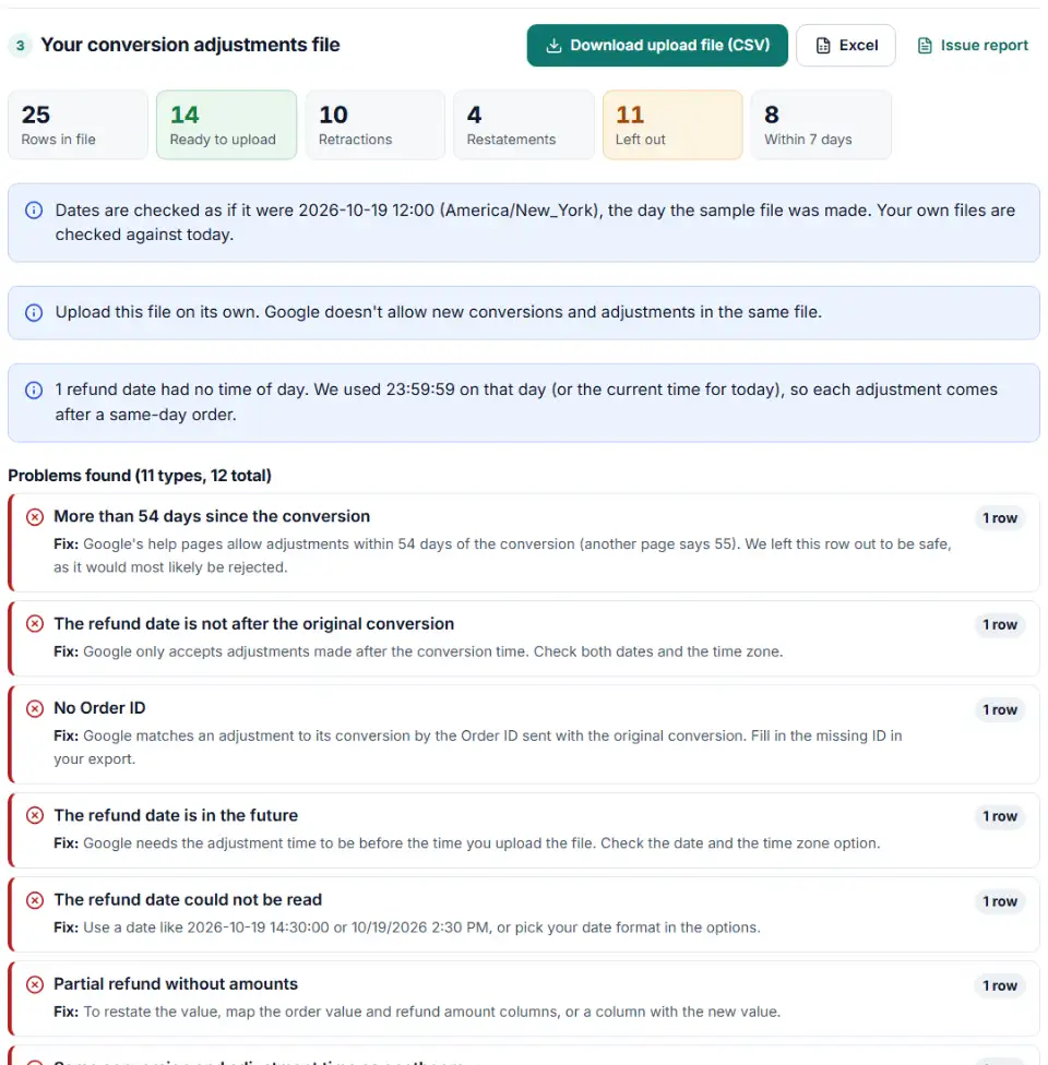 Conversion adjustments builder for Google Ads showing retractions, restatements and rows left out