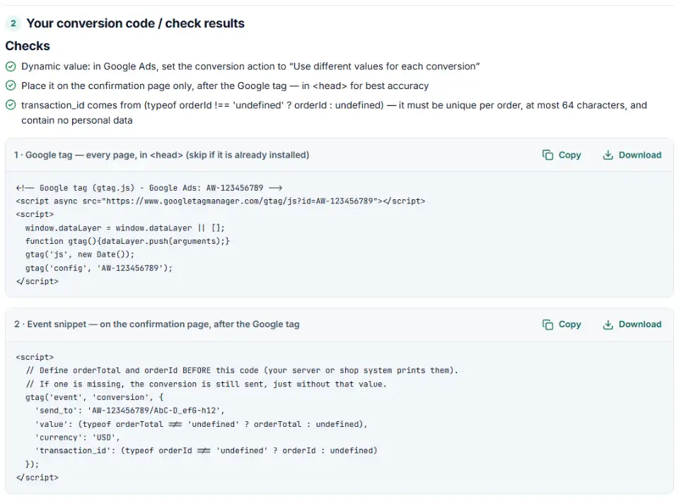 Conversion tracking code generator for Google Ads showing the Google tag and an event snippet with value, currency and transaction ID