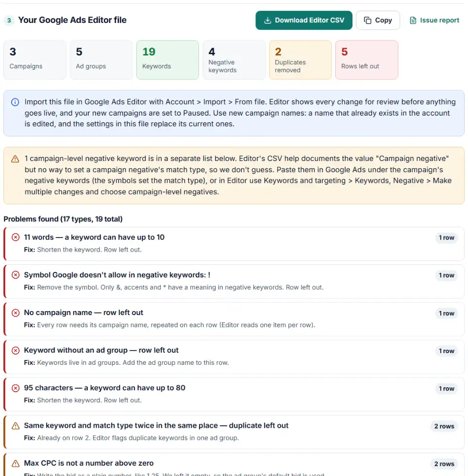 Editor bulk upload template builder for Google Ads with campaign, ad group and keyword rows ready to import
