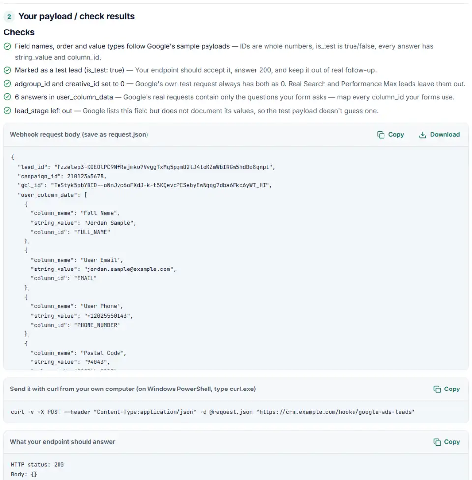 Google Ads lead form webhook payload builder showing a test lead JSON body, curl command and passed checks