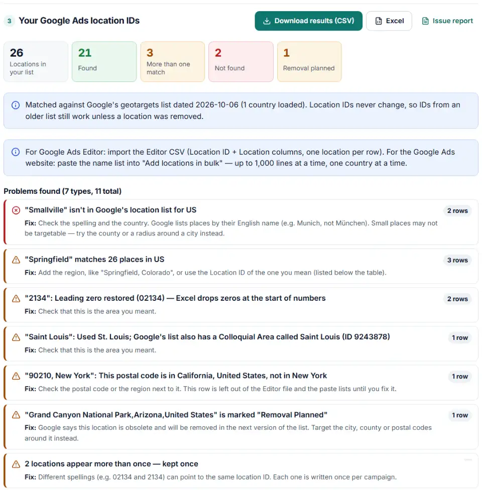 Location ID list finder for Google Ads matching ZIP codes and cities to criteria IDs with canonical names