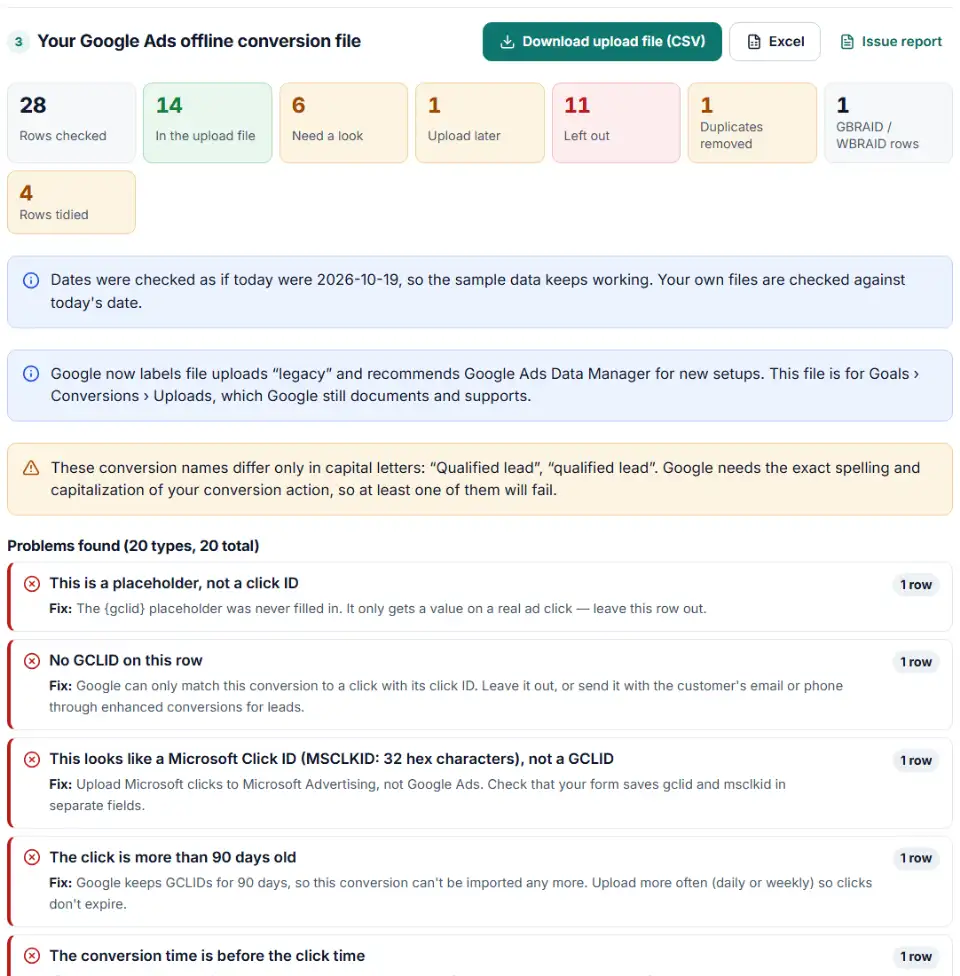 Offline conversions template builder for Google Ads showing rows ready to upload, rows left out and the reasons