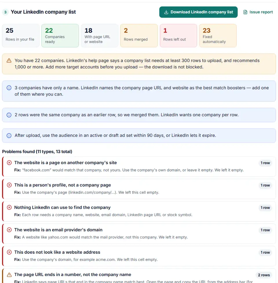 Company list upload template formatter for LinkedIn showing companies ready, merged rows and the best identifier per company