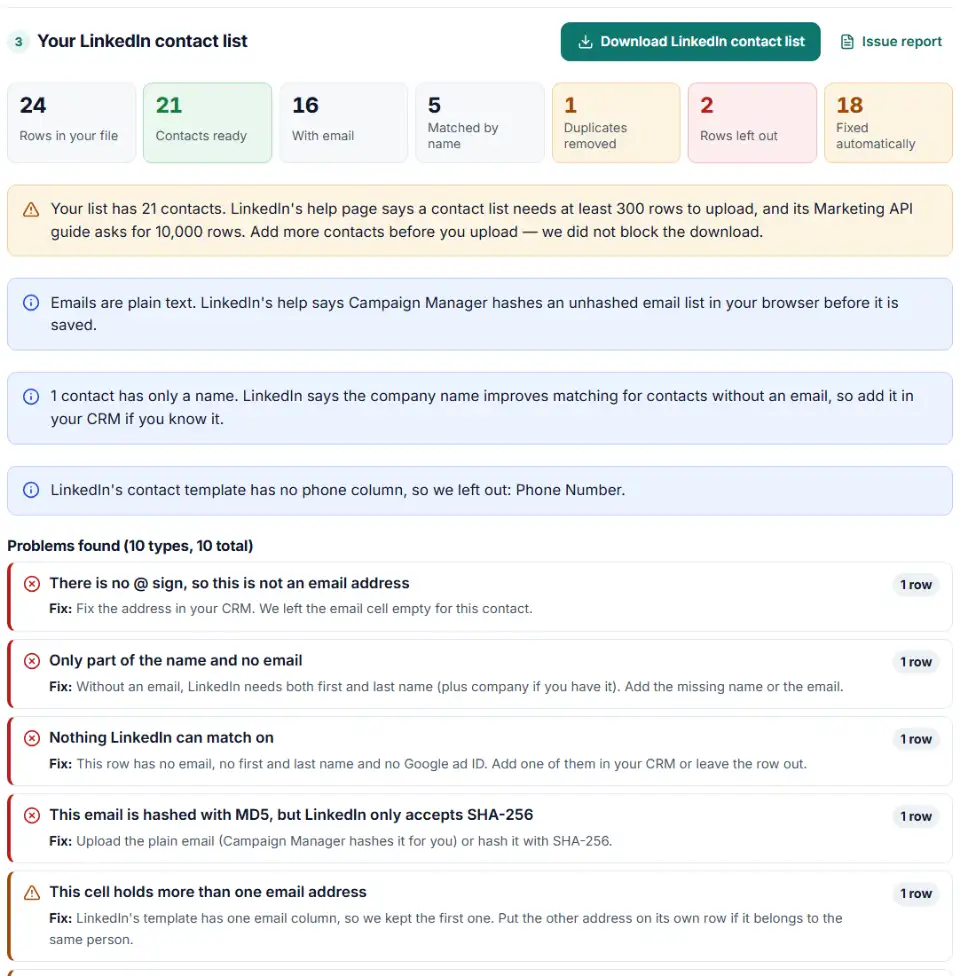 Contact list template formatter for LinkedIn results with contacts ready, duplicates removed and rows LinkedIn cannot match