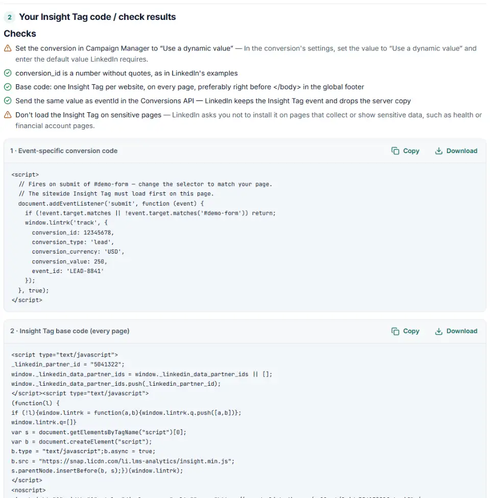 Insight Tag conversion tracking generator for LinkedIn showing an event-specific lintrk call on a form submit with conversion value and currency