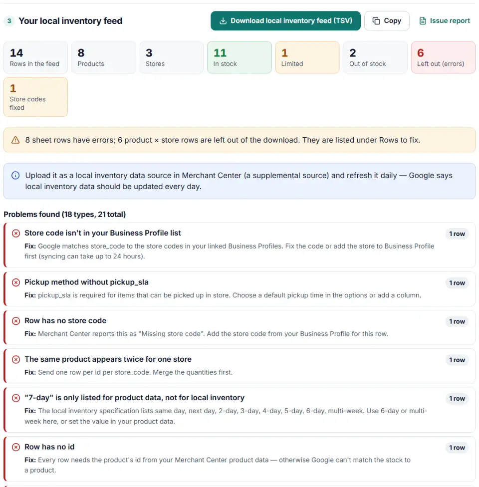 Local inventory feed builder for Google Merchant Center with stock by store and store code checks