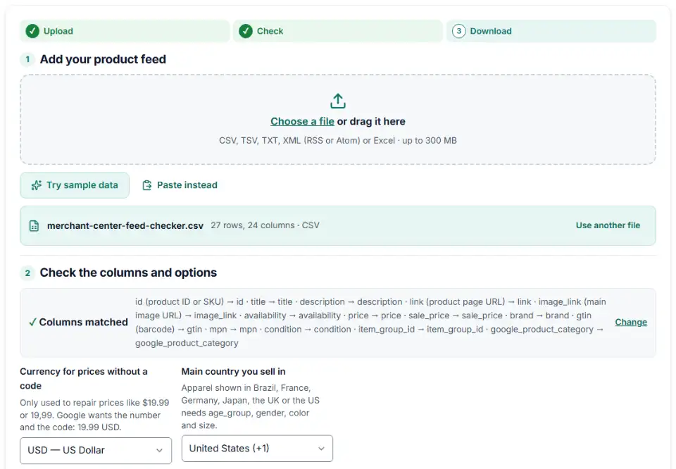 Feed validator for Google Merchant Center with a product feed loaded and its columns matched to Google attributes
