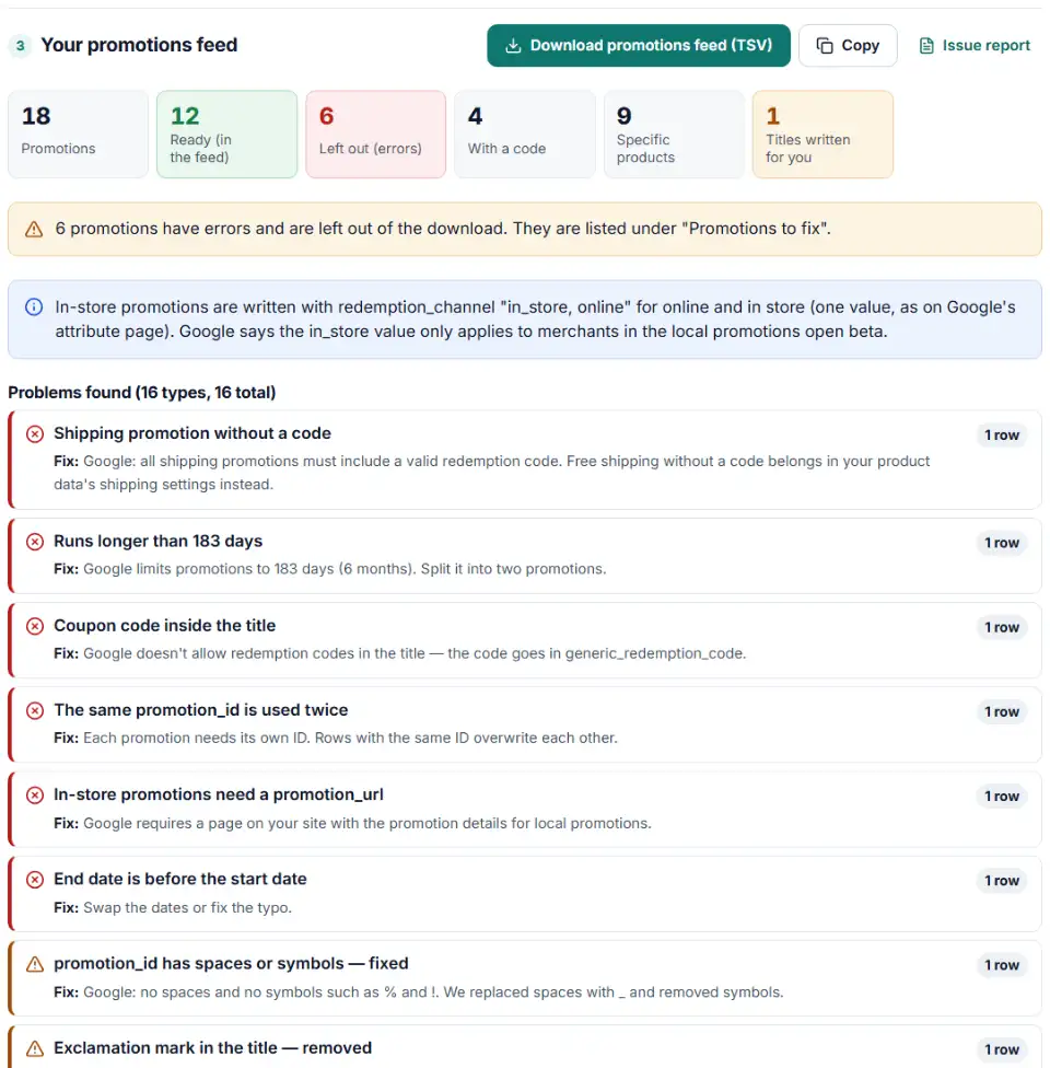 Merchant promotions feed builder for Google with promotion rows, date ranges and title checks