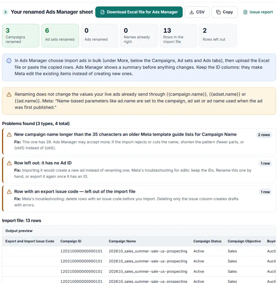 Naming convention renamer for Meta ads showing renamed counts and the before and after list of campaign, ad set and ad names