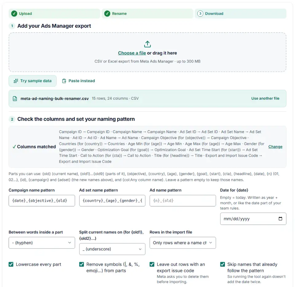 Naming convention renamer for Meta ads with an Ads Manager export loaded and the campaign, ad set and ad patterns filled in