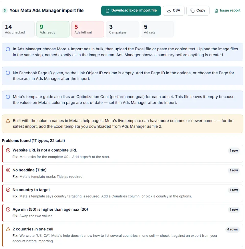 Bulk upload template builder for Meta ads filling the Ads Manager import columns from a simple sheet