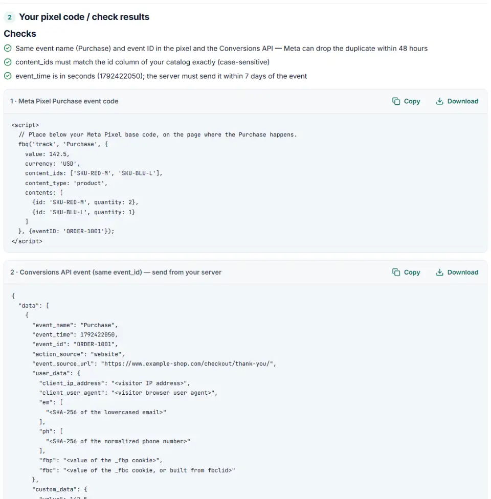 Pixel event code generator for Facebook showing a Purchase fbq call with eventID and the matching Conversions API JSON