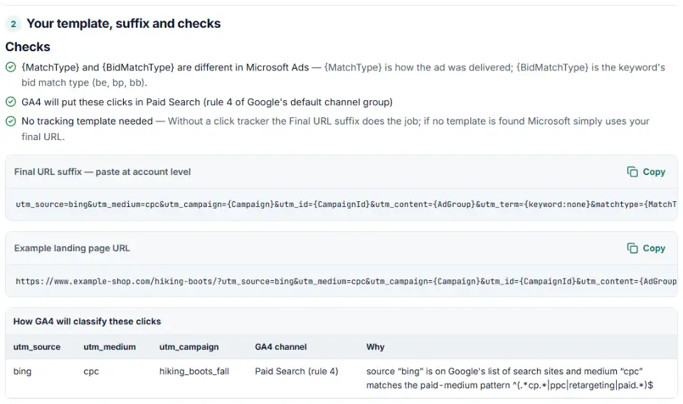 Tracking template builder for Microsoft Ads showing a Final URL suffix with {Campaign} and the GA4 channel table