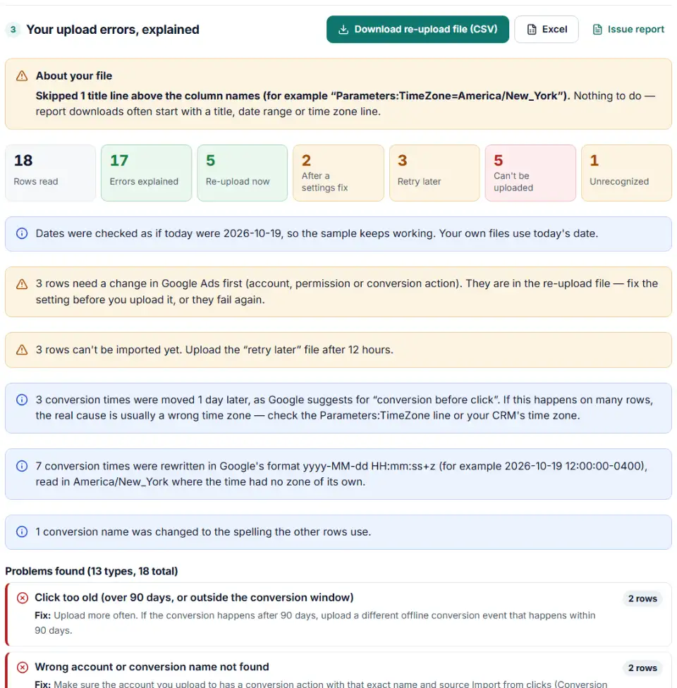 Google Ads offline conversion upload errors explained by type with a re-upload file and a retry-later file