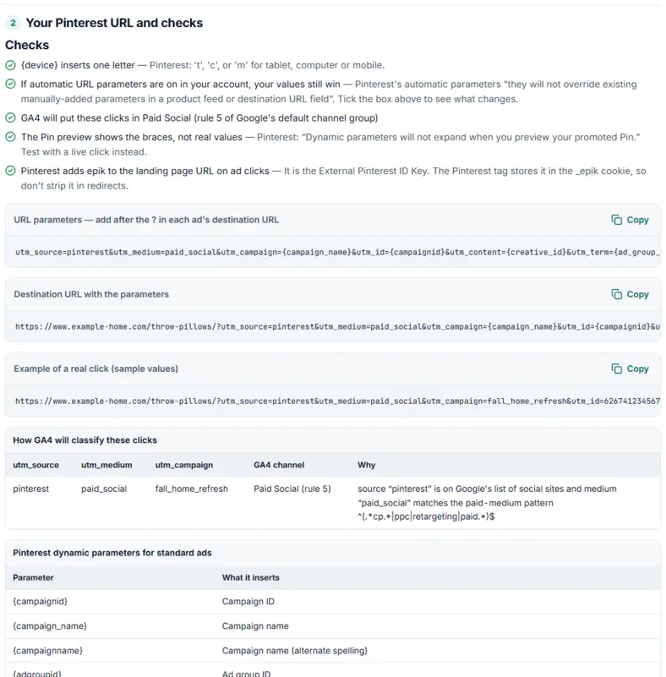 Dynamic UTM parameters builder for Pinterest with the destination URL string, the GA4 channel table and the list of supported parameters