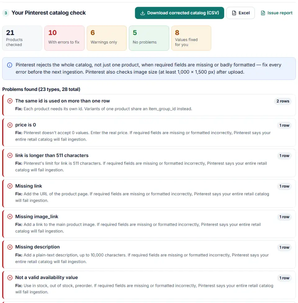 Catalog feed checker for Pinterest results showing required field errors, link length and variant warnings