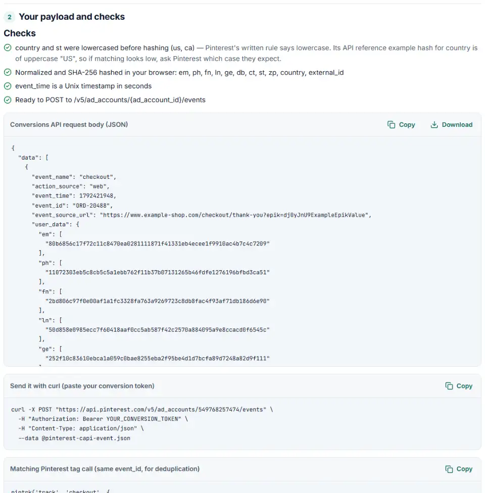 Conversions API payload builder for Pinterest showing a checkout event with hashed user data arrays and passed checks