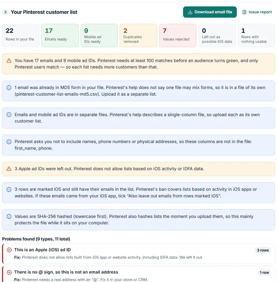 Customer list template formatter for Pinterest showing emails and mobile ad IDs ready, duplicates and rejected iOS IDs
