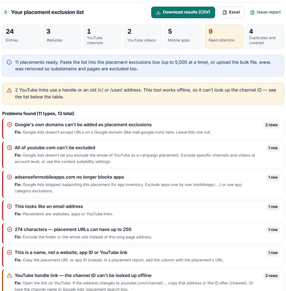Placement exclusion list formatter for Google Ads sorting websites, apps and YouTube channels into a clean list