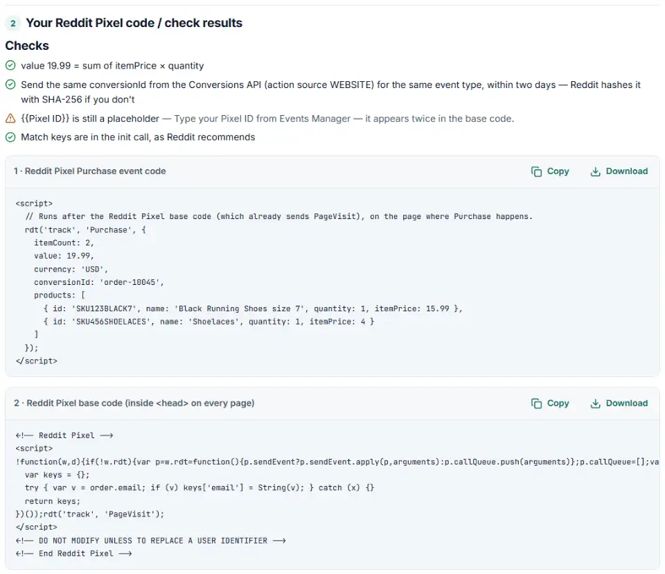 Pixel standard events generator for Reddit showing an rdt Purchase call with itemCount, value, currency, conversionId and products