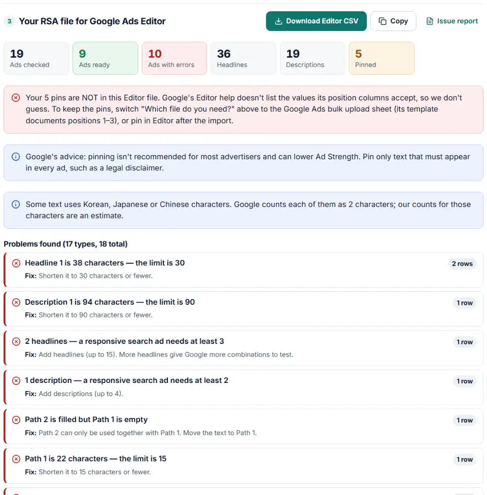 RSA template builder for Google Ads showing checked responsive search ads, character limit errors and pin warnings