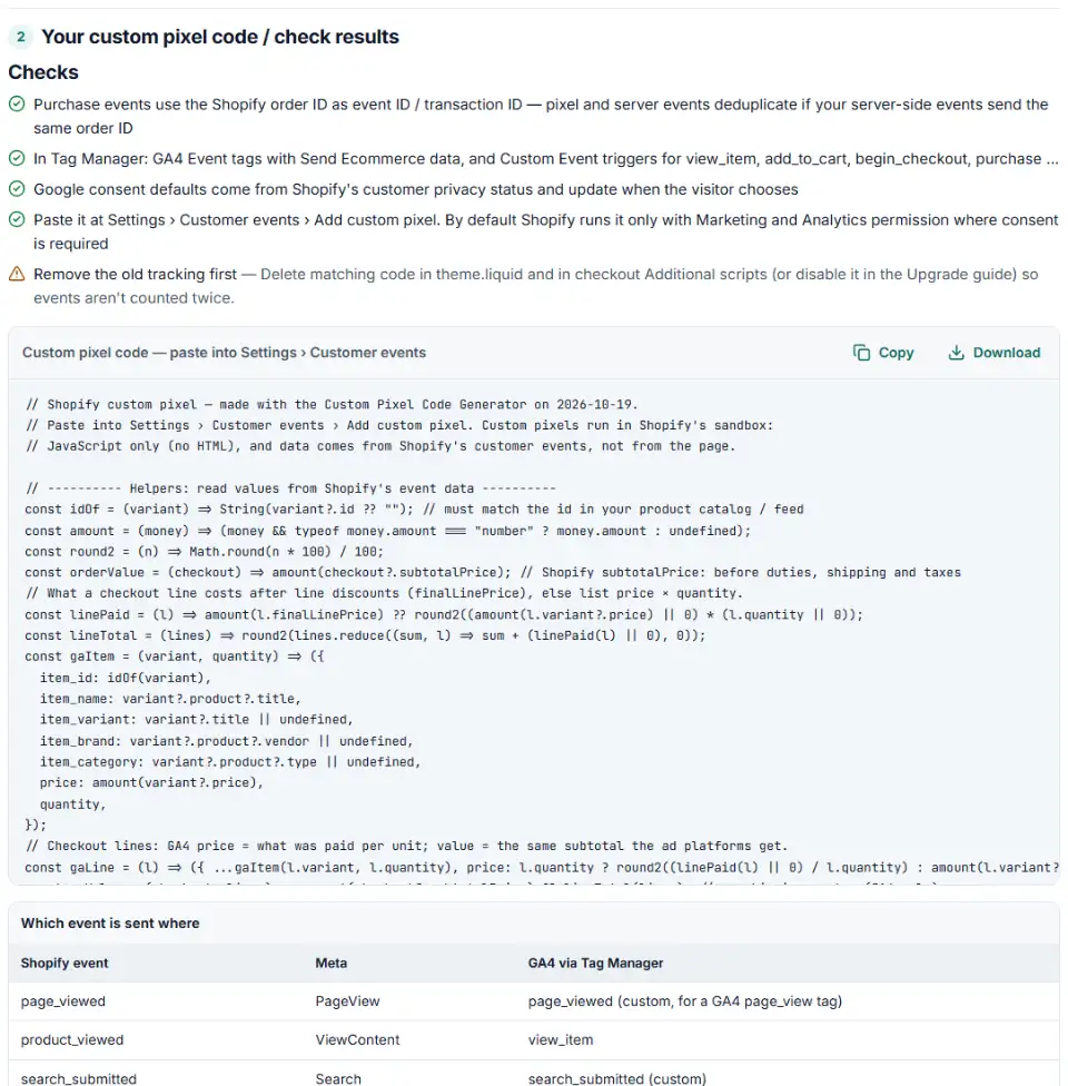 Custom pixel code generator for Shopify output with Meta, Google Ads and Tag Manager subscriptions to customer events