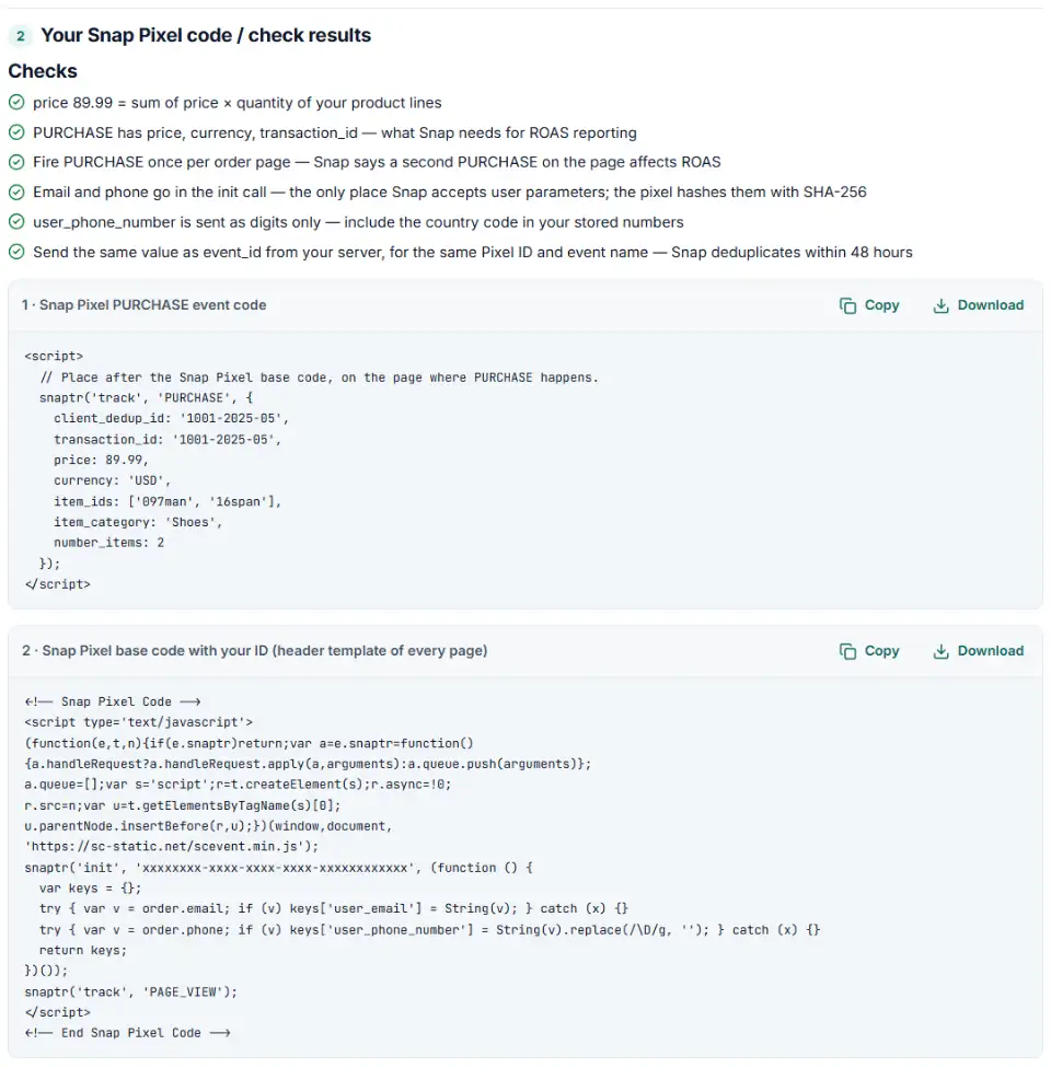 Pixel events generator for Snapchat showing a PURCHASE snaptr call with price, currency, transaction_id and item_ids