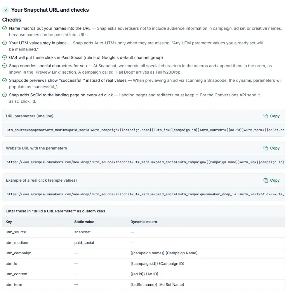 UTM parameters builder for Snapchat showing the custom key table, the website URL with macros and the GA4 Paid Social check