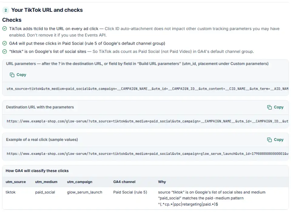 UTM macros builder for TikTok with the URL parameter string, sample click and GA4 channel check