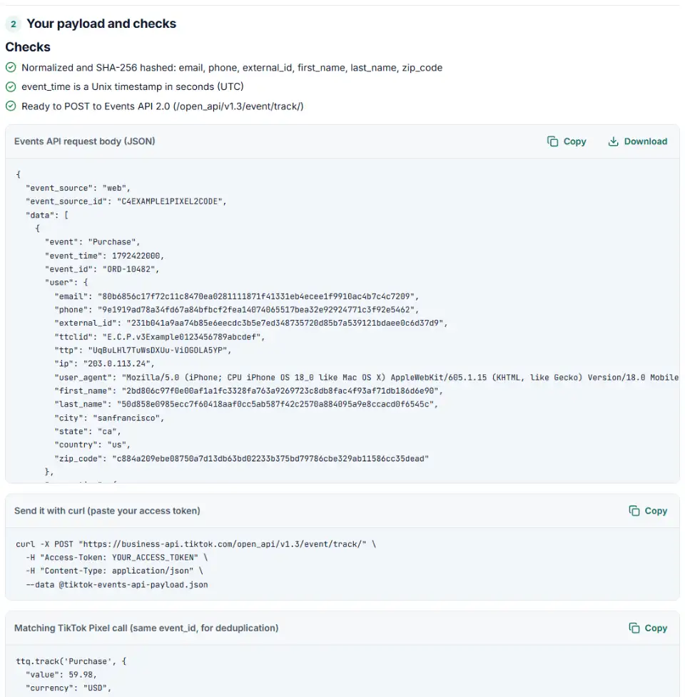 Events API parameters builder for TikTok showing a Purchase payload with hashed email and phone and passed checks
