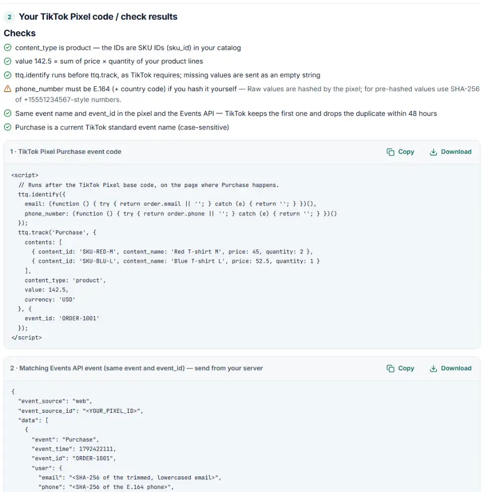 Pixel events code generator for TikTok showing a ttq.track Purchase call with contents, value, currency and event_id