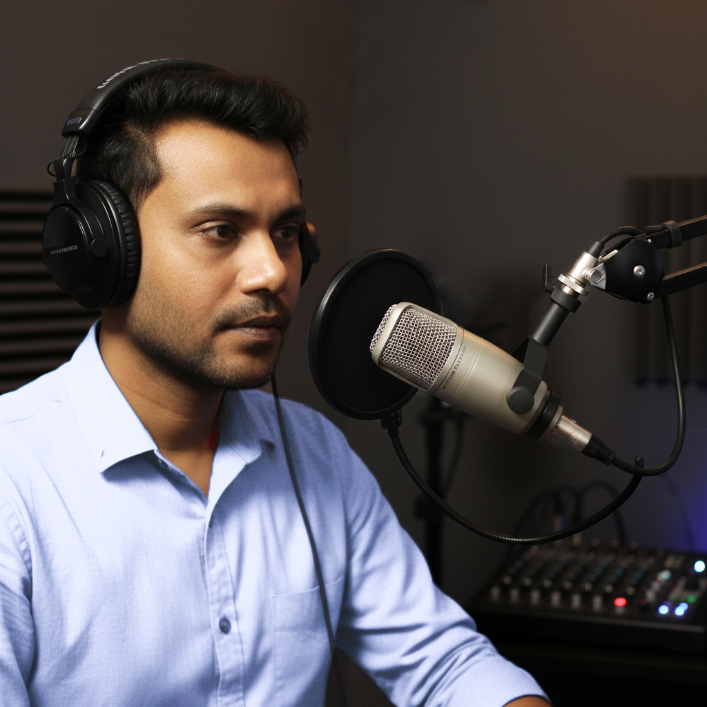 A man wearing headphones speaks into a microphone in a recording studio setting.