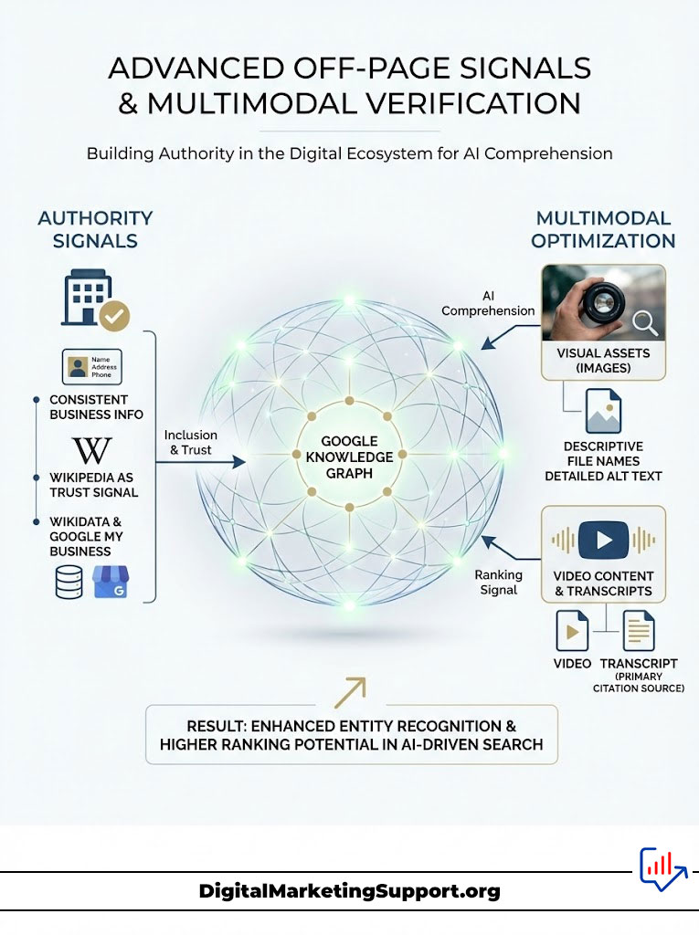 Infographic illustrating advanced off-page signals and multimodal verification for AI comprehension, featuring authority signals and optimization strategies.
