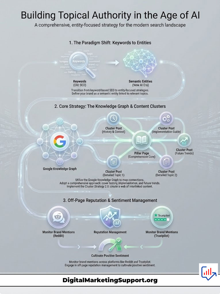 Infographic illustrating strategies for building topical authority in SEO, including keywords, content clusters, and reputation management.