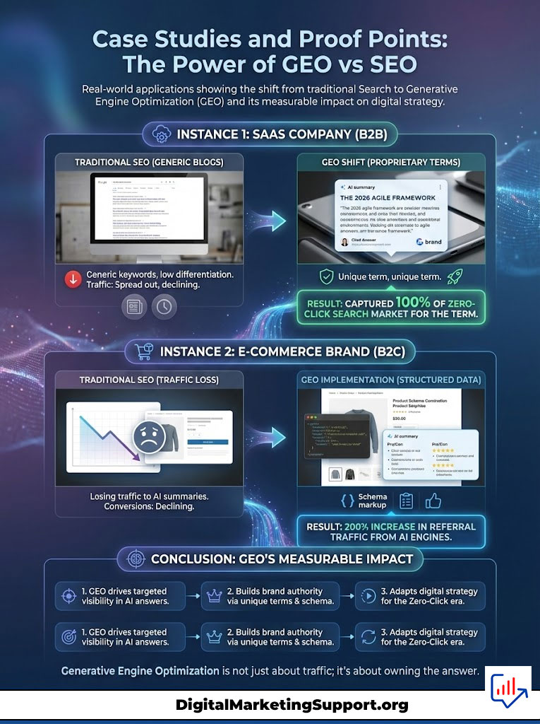 Infographic comparing GEO and SEO with case studies on traffic impact and strategies for digital marketing.