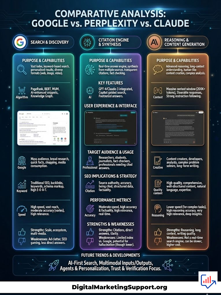 Comparative analysis infographic of Google, Perplexity, and Claude highlighting their purposes, capabilities, and features.