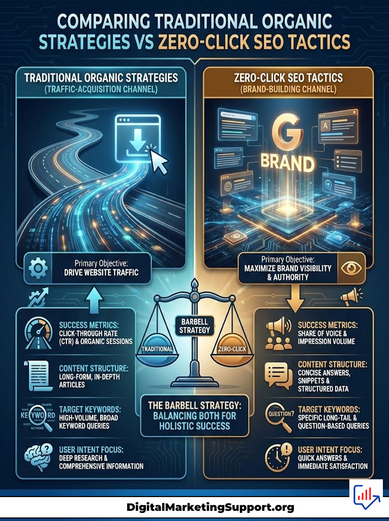 Infographic comparing traditional organic strategies and zero-click SEO tactics with visual elements and data points.