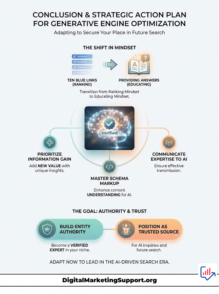Infographic outlining strategies for generative engine optimization, including mindset shifts and key actions.
