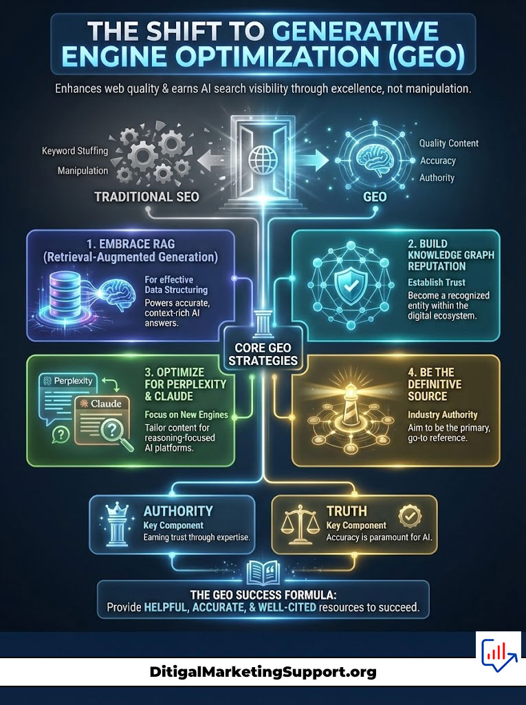 Infographic illustrating the shift to Generative Engine Optimization (GEO) with strategies and key components.