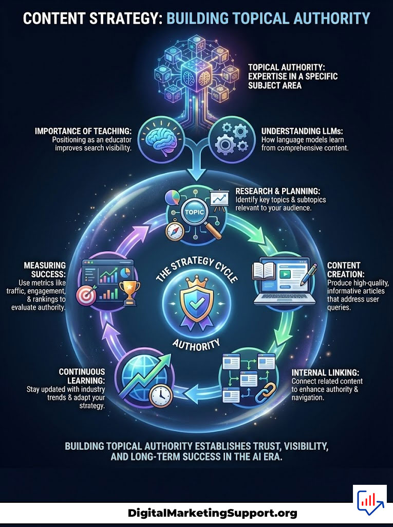Infographic illustrating content strategy for building topical authority with key concepts and icons.